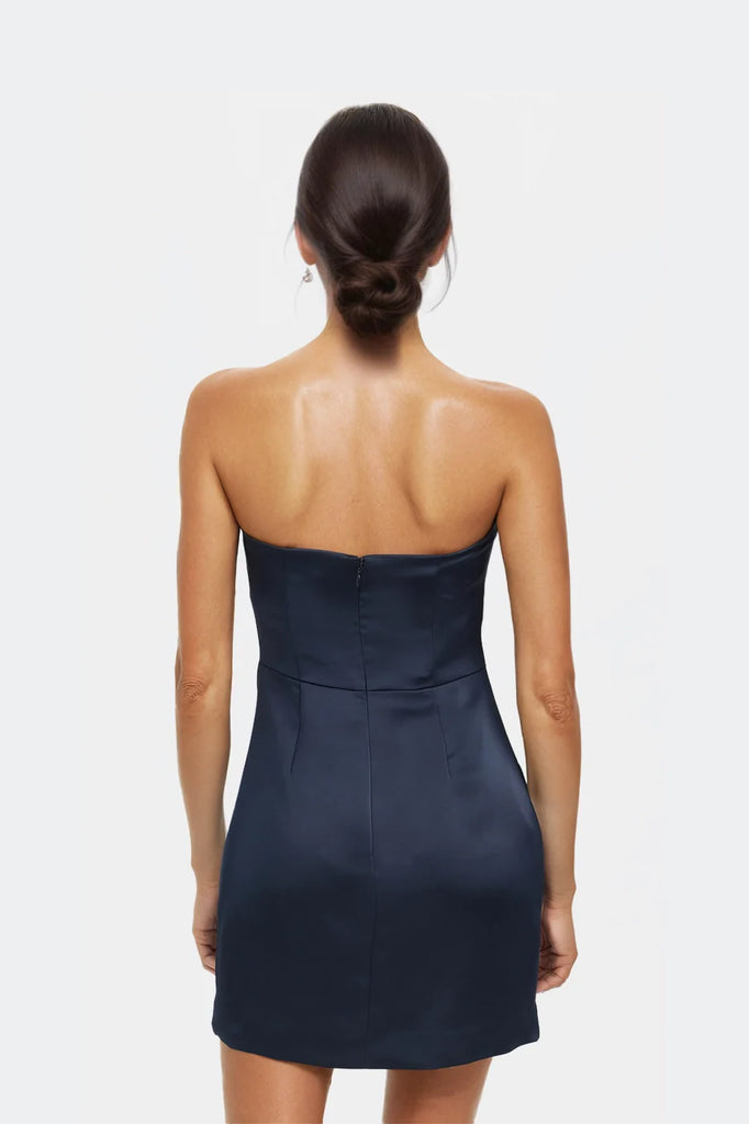 Chloe Tie-Front Satin Mini Dress in navy showcasing a beautiful sweetheart neckline.