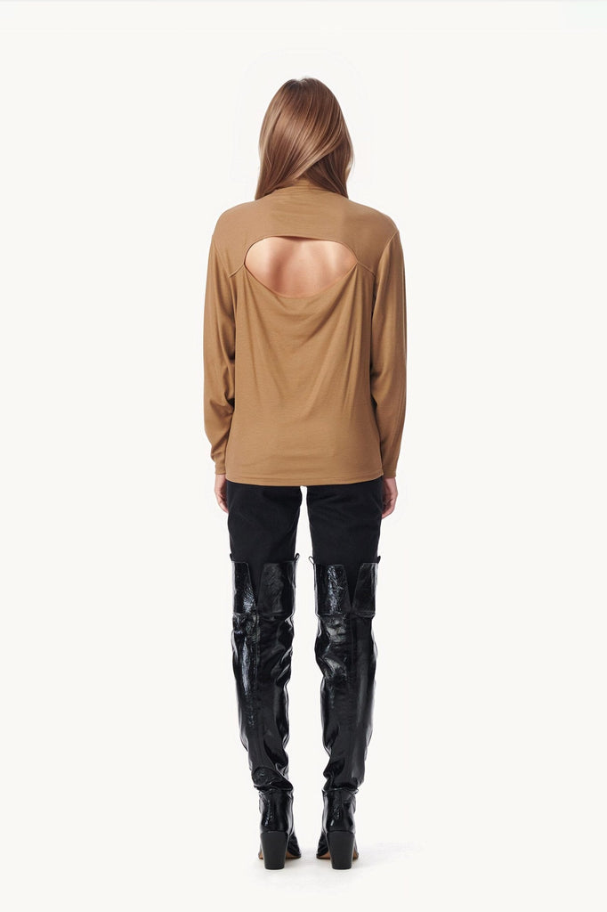 Stylish camel top with unique cut-out and high neck