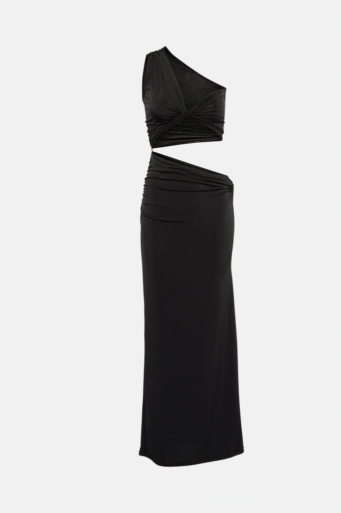 Elegant one-shoulder long black dresses with a dramatic cutout.