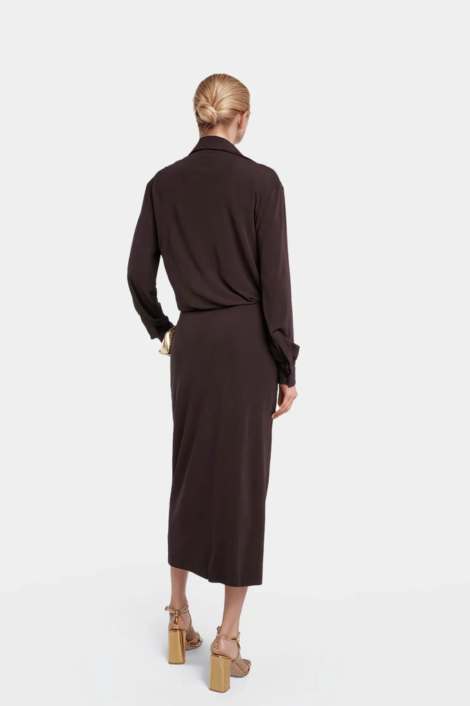 Elegant brown wrap midi dresses with a cinched waist.