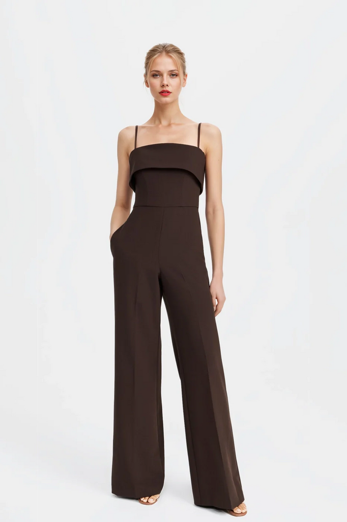 Anna Folded Veck Sleeveless Jumpsuit in brown with a folded square neckline and adjustable straps.