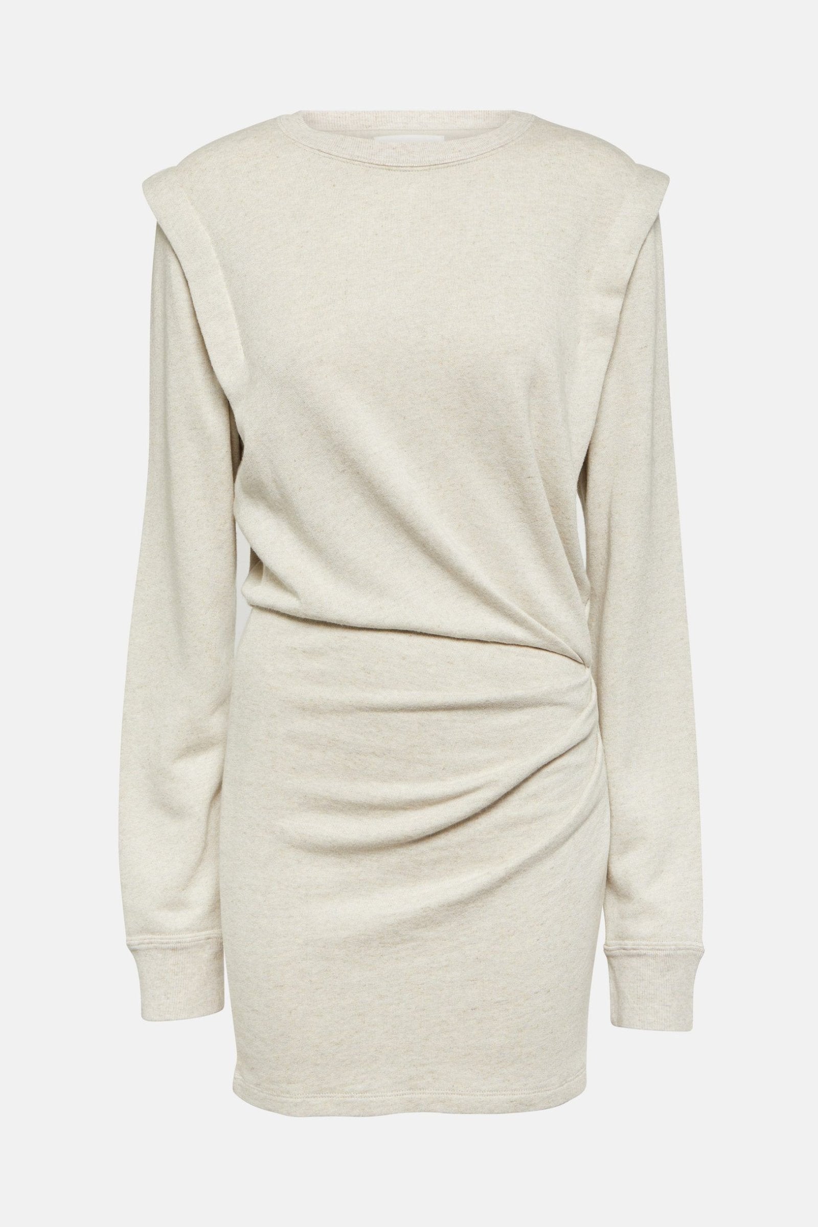 Chic ruched beige mini dresses made from organic cotton.