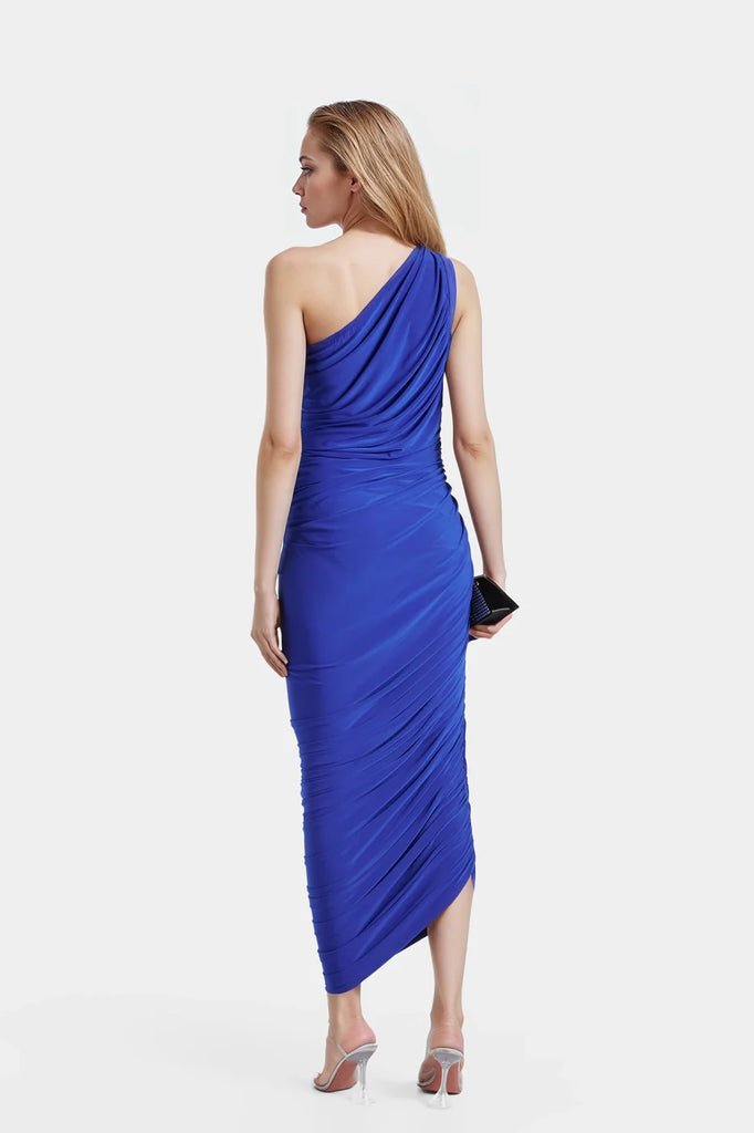 Chic ruched dresses in royal blue with a fitted silhouette.