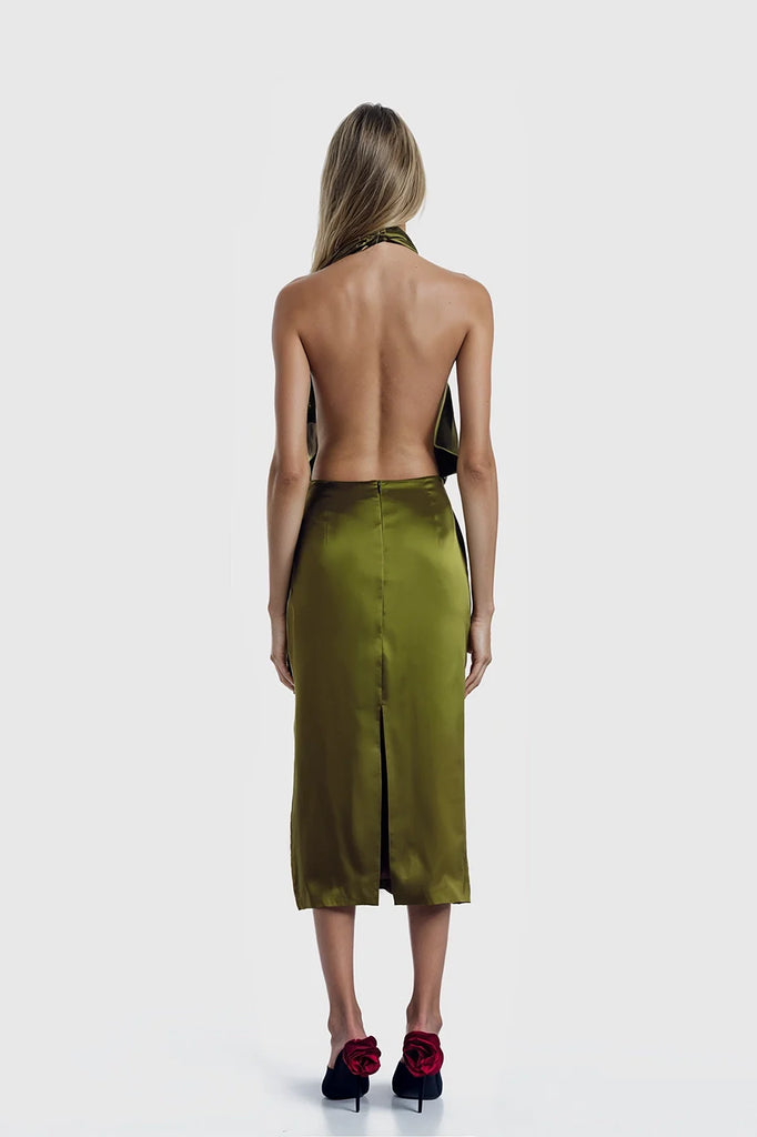 Ella Halterneck Silk Satin Midi Dress in olive showcasing a sleeveless design.