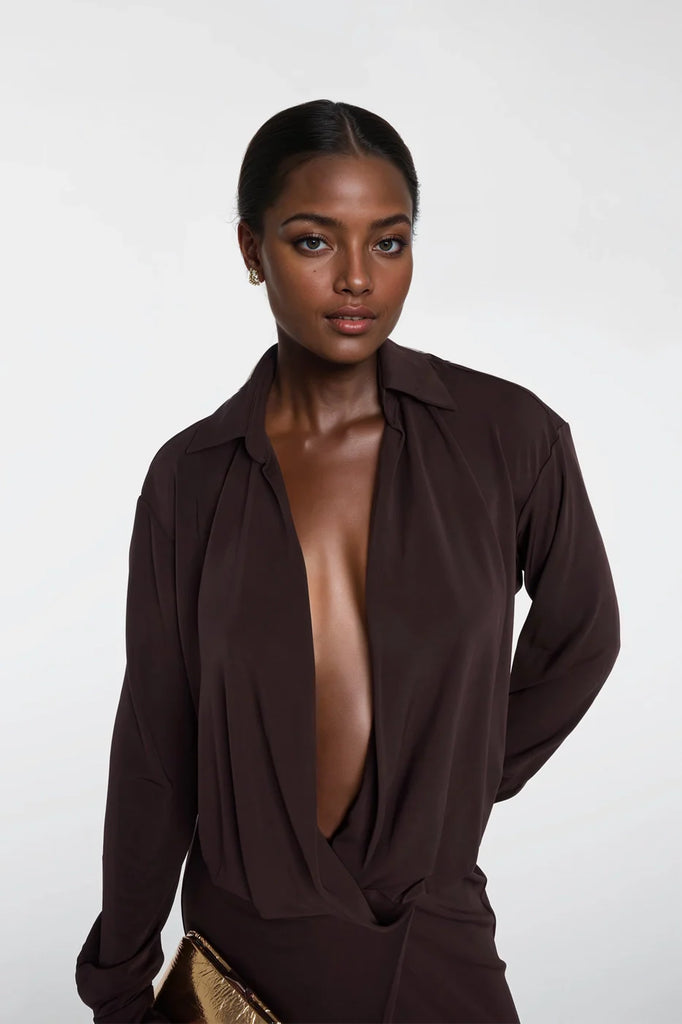 Sophisticated V-neck brown dresses with wrap silhouette.