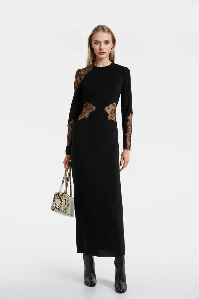 Fitted long-sleeve black dresses with a back zip closure and luxurious crepe fabric.