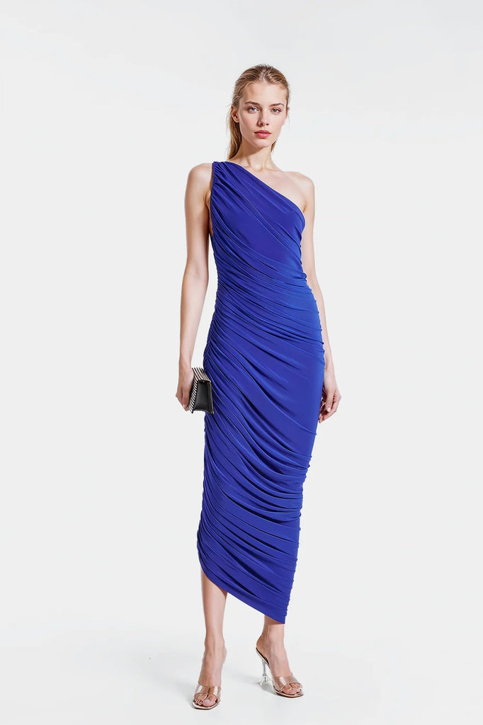 Lisa royal blue one-shoulder short dresses with ruched details.