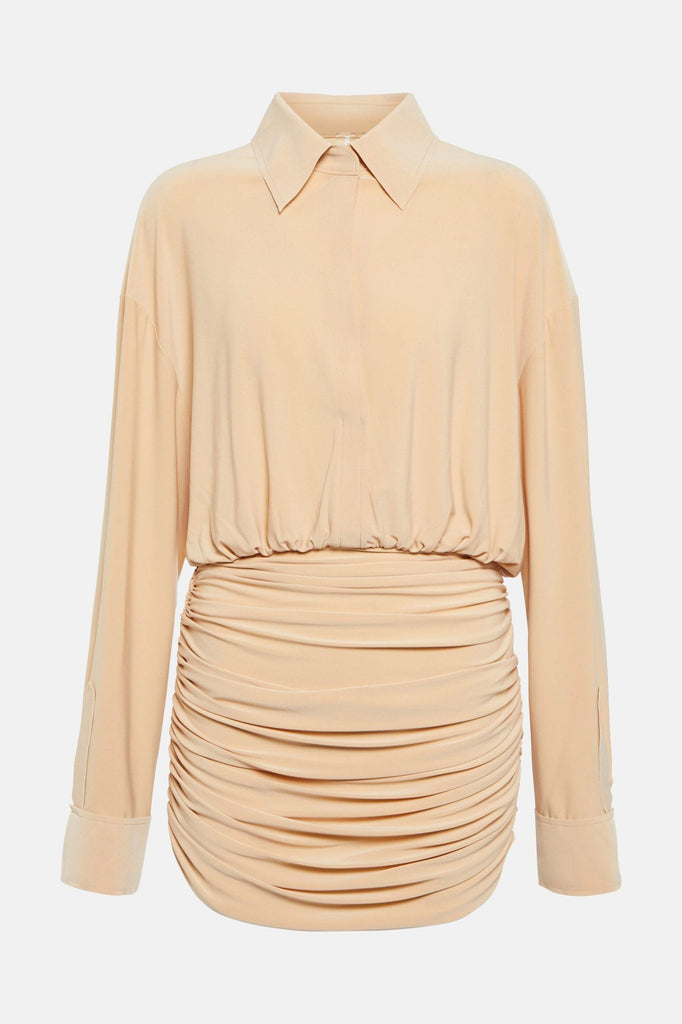 Elegant ruched shirt mini dresses in beige with fitted silhouette.