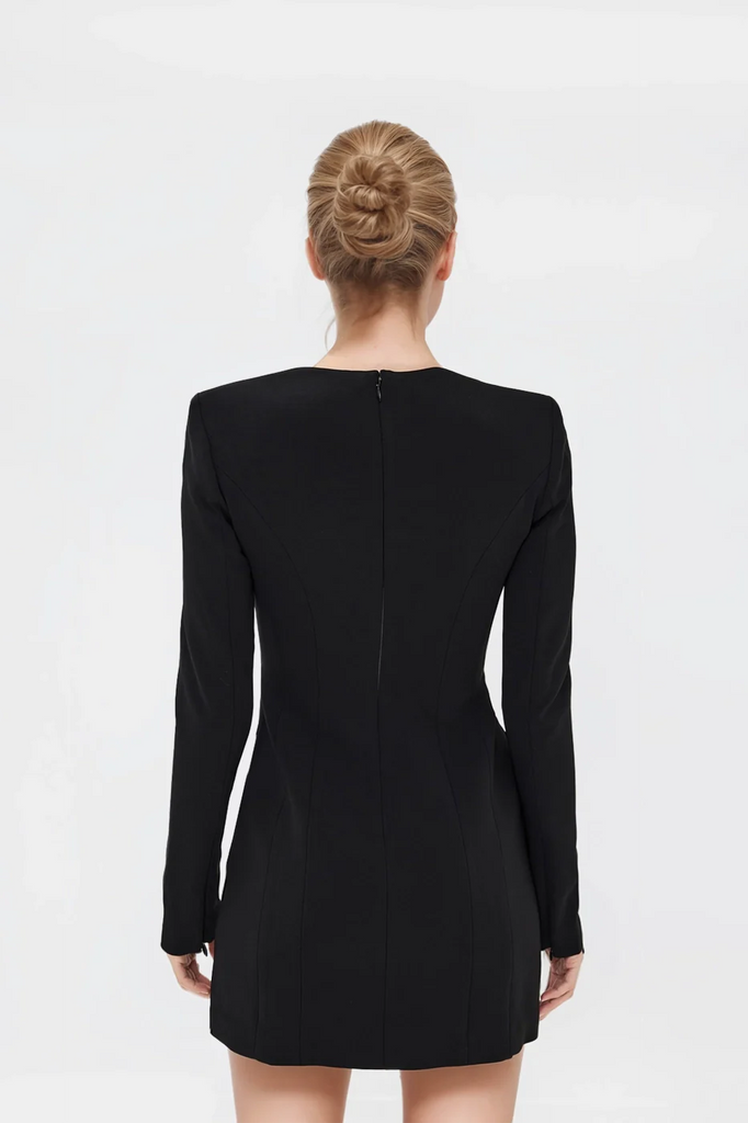 Hailey Black Dress featuring a classic square neckline and padded shoulders, perfect for modern women.