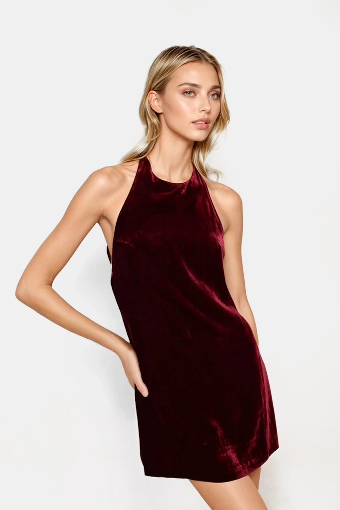 Designer halterneck minidress with velvet finish and A-line fit