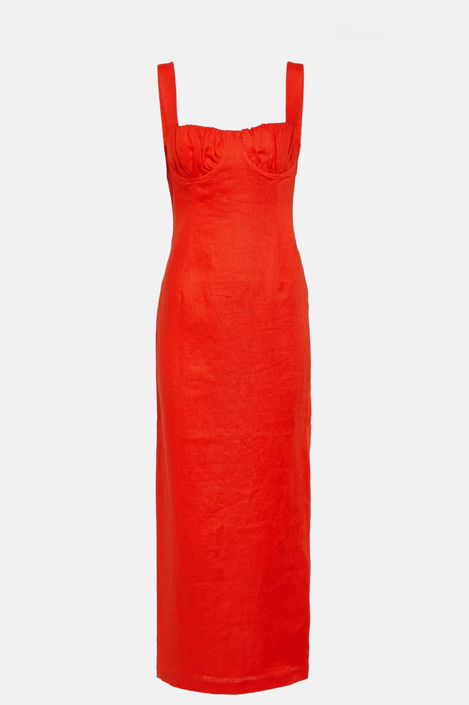 Lucy Linen Midi Dress in red featuring a draped bustier design for a chic look.