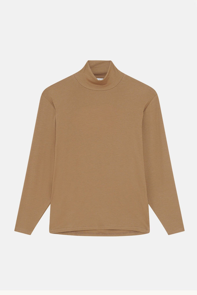 Elegant camel high neck top for sophisticated style