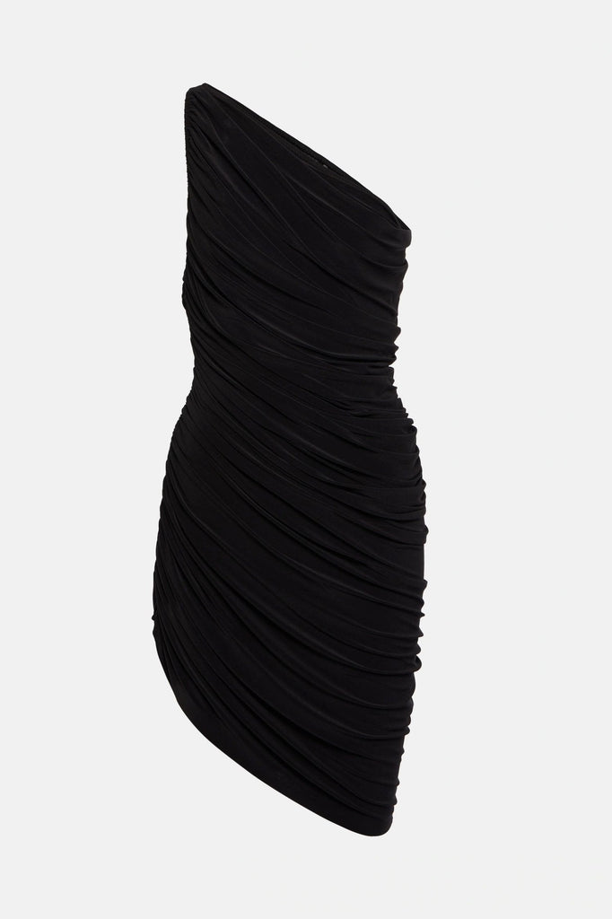 Elegant one shoulder black dresses with asymmetrical neckline.