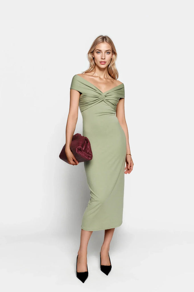 Mint Green Off Shoulder Midi Dress with knot detail