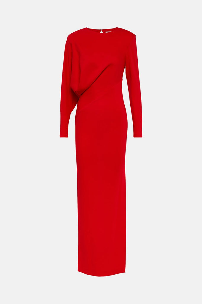 Elegant long red dresses with a stylish drape and fitted silhouette