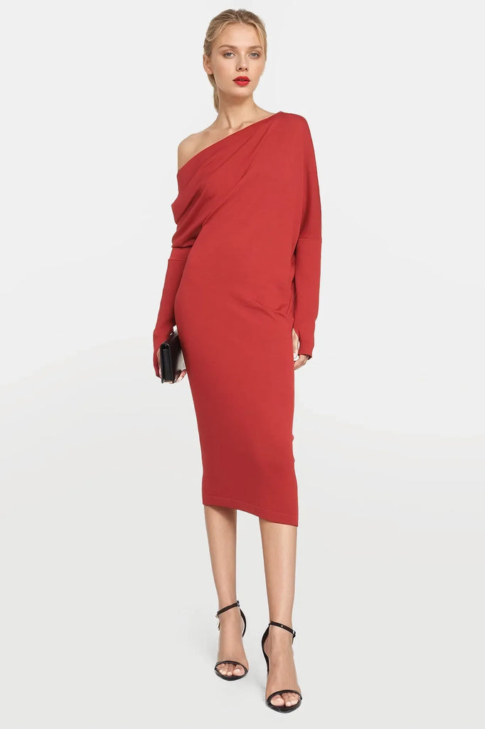 Jade Off-Shoulder Red Rib Midi Dress made from sustainable Tencel fabric.