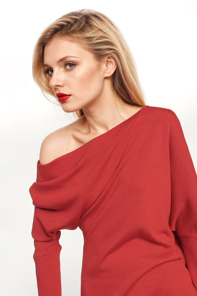 Elegant red midi dresses with asymmetrical neckline and drapes.