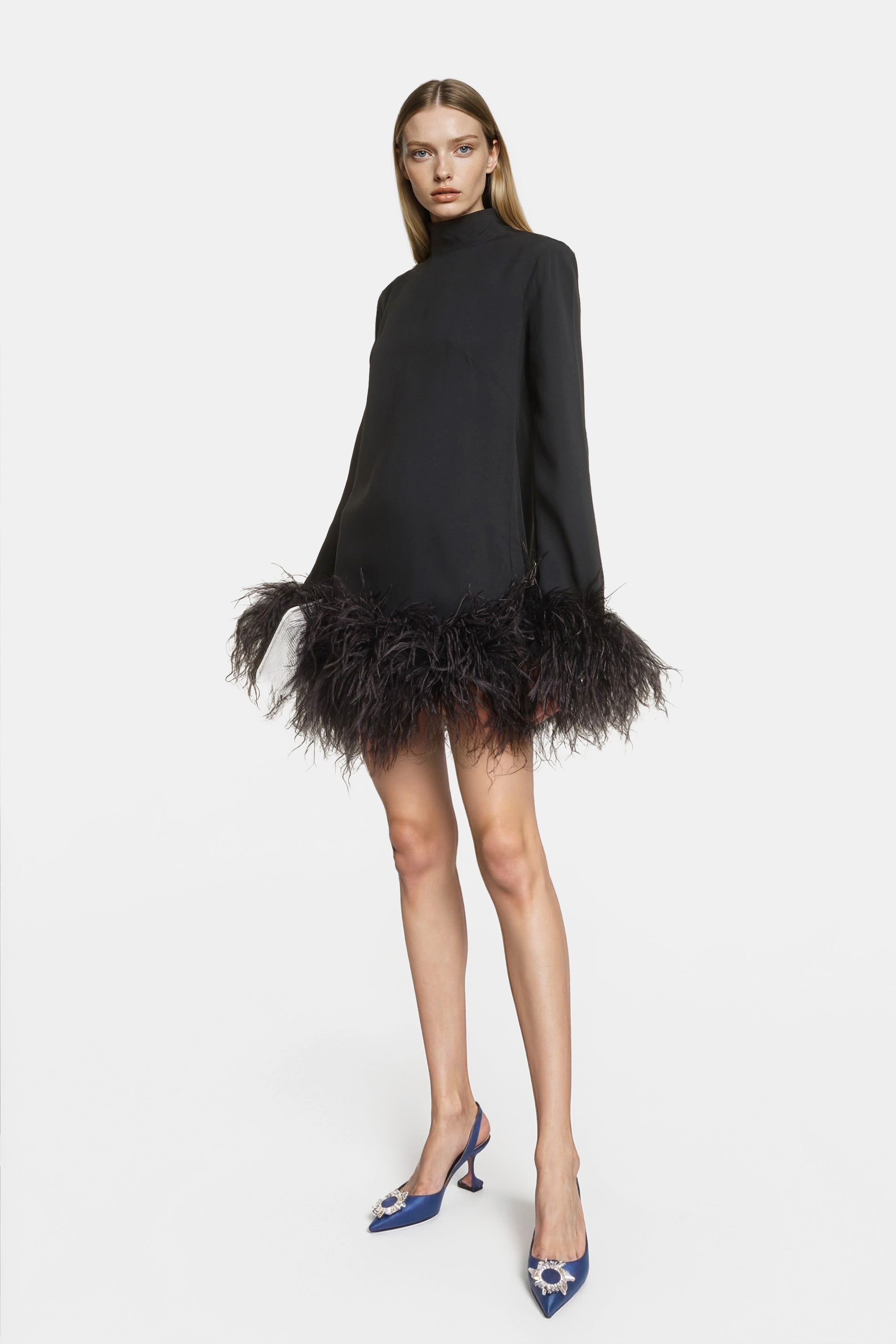 Sophia Feather-Trimmed Crepe Mini Dress in black with elegant feather cuffs