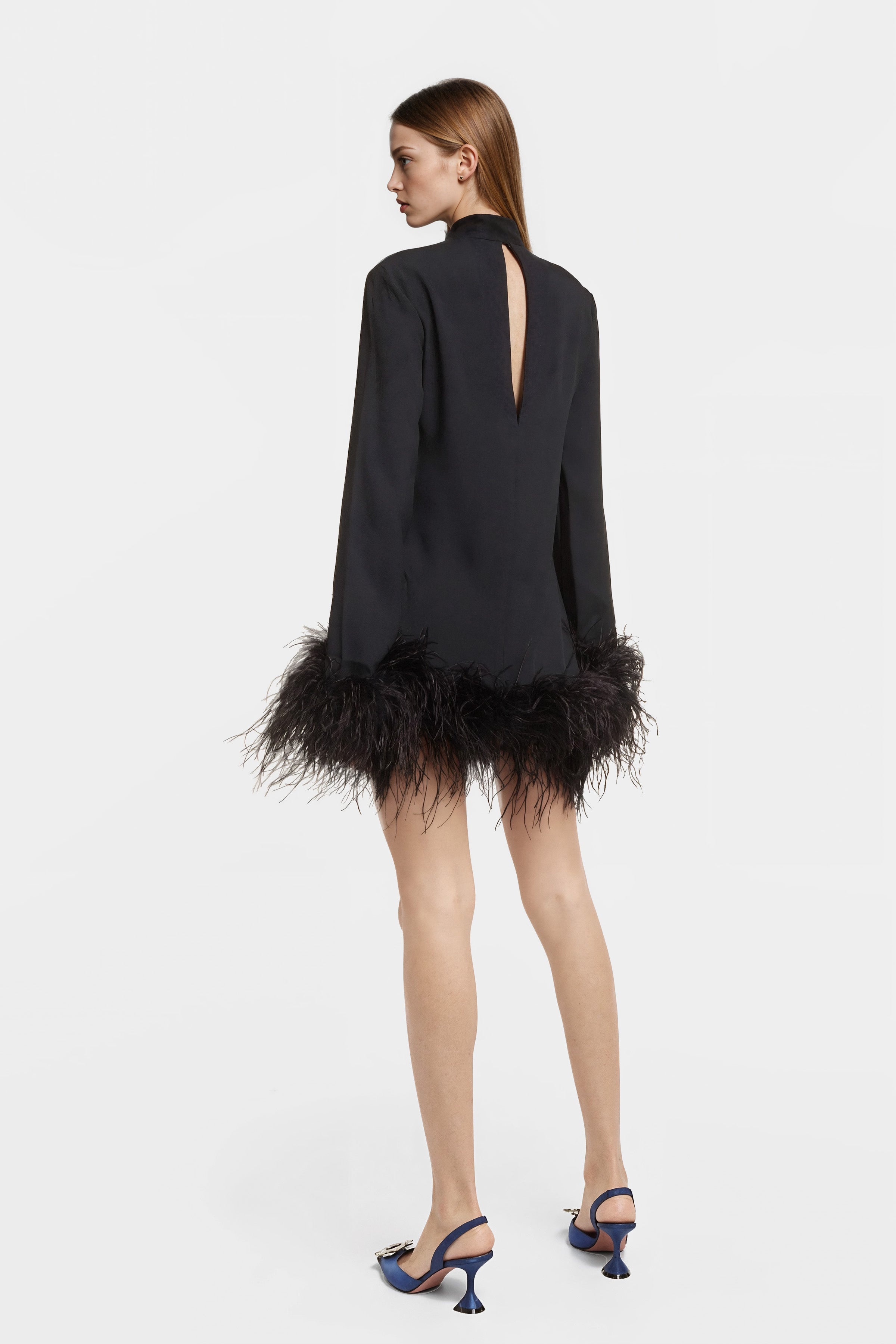 Sophia Feather-Trimmed Crepe Mini Dress in black with elegant feather cuffs