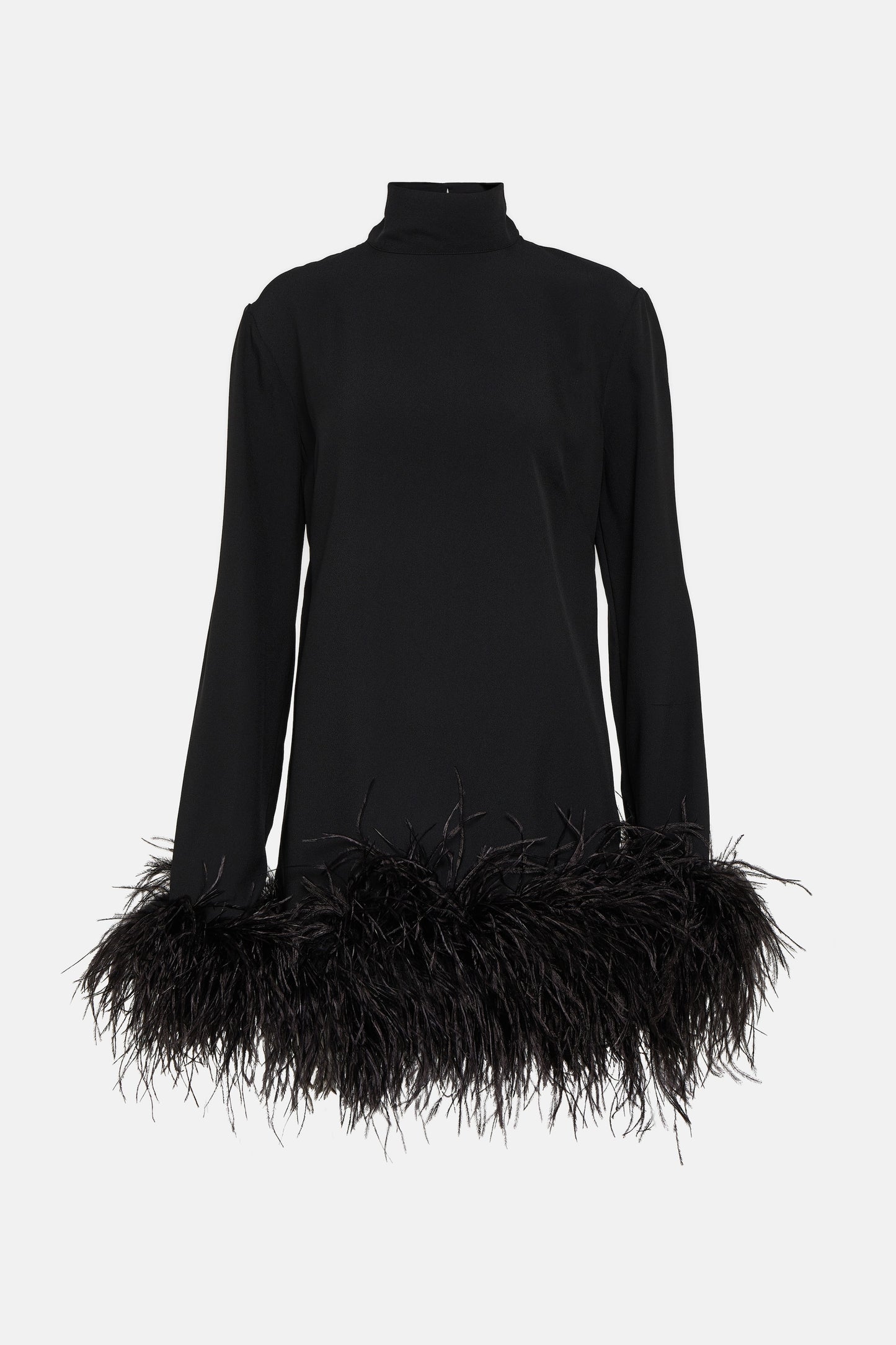 Stylish turtleneck mini dresses featuring feather detailing at the hem