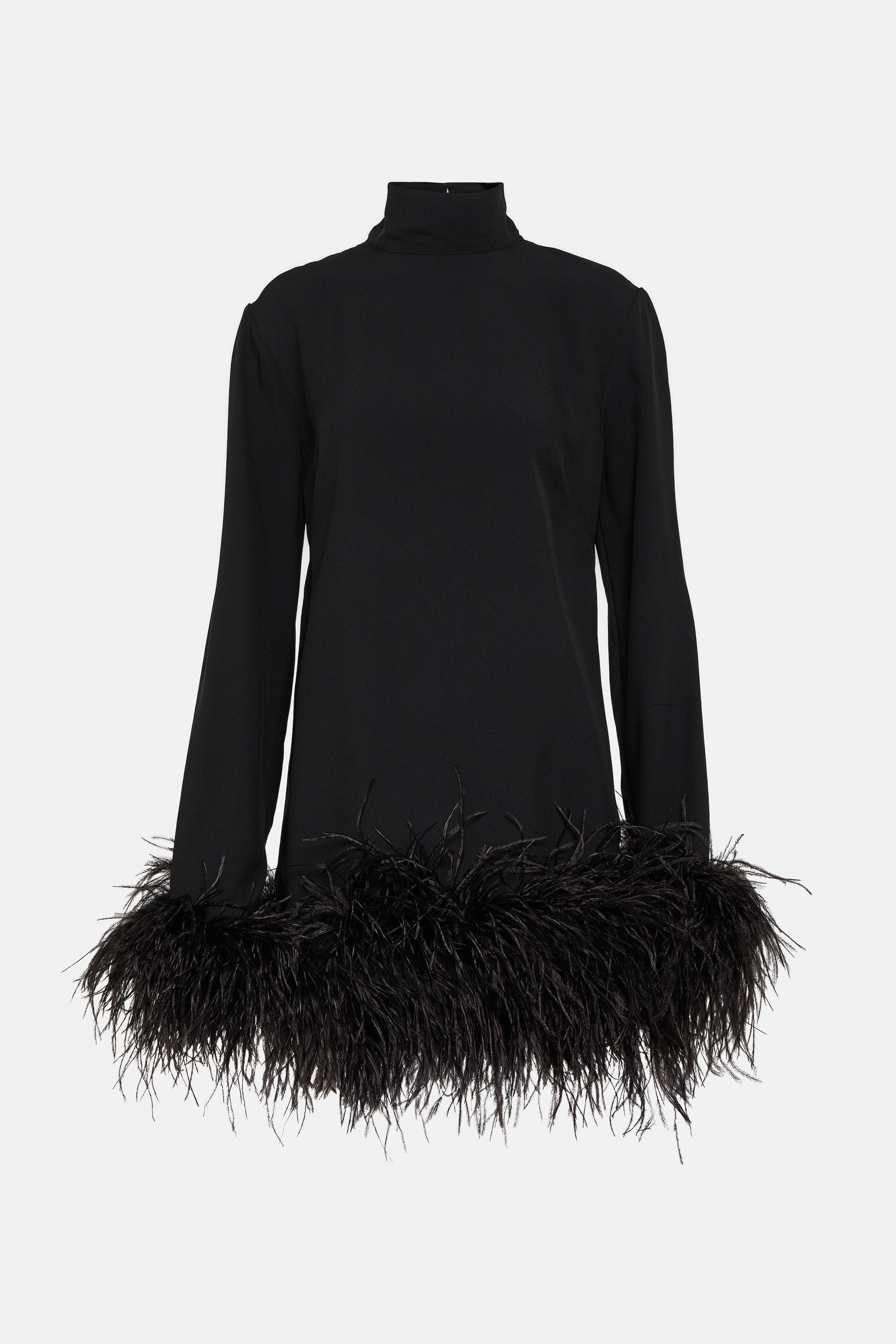 Stylish turtleneck mini dresses featuring feather detailing at the hem