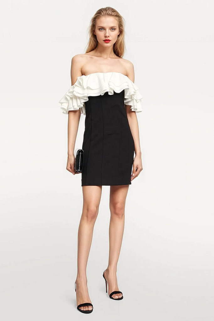 Loles Off-Shoulder Ruffled Minidress in classic black with voluminous ruffles.