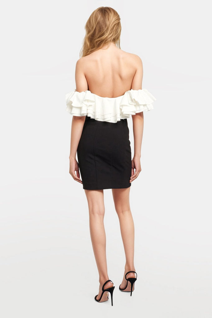 Loles Off-Shoulder Ruffled Minidress in classic black with voluminous ruffles.