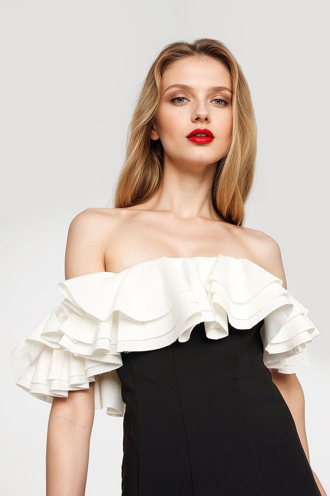 Chic black mini dresses featuring layers of ruffles and an off-shoulder neckline.