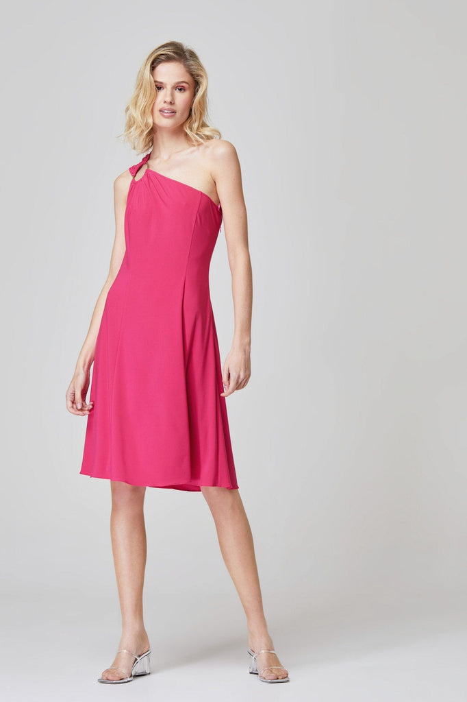 Chic one-shoulder ruched dresses in fuchsia for women.