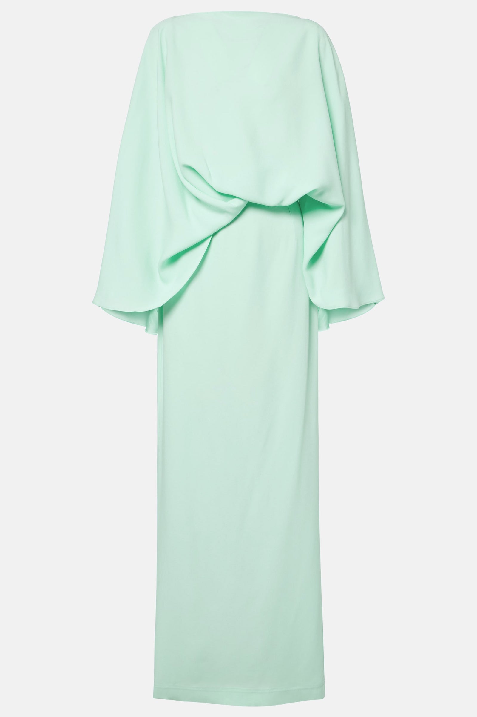 Elegant green draped dress with sculptural top and flowing maxi skirt product view
