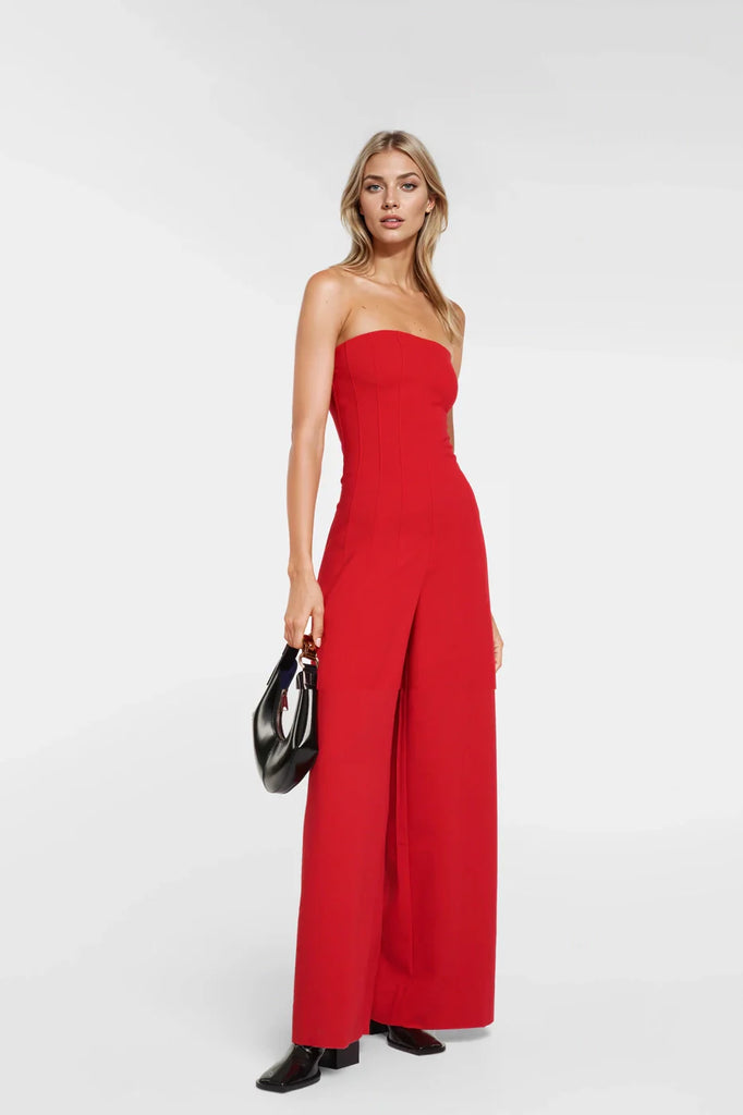 "Off Shoulder Jumpsuit in red crepe fabric with flared pants"