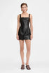 Black leather mini dress with asymmetric ruffle front view