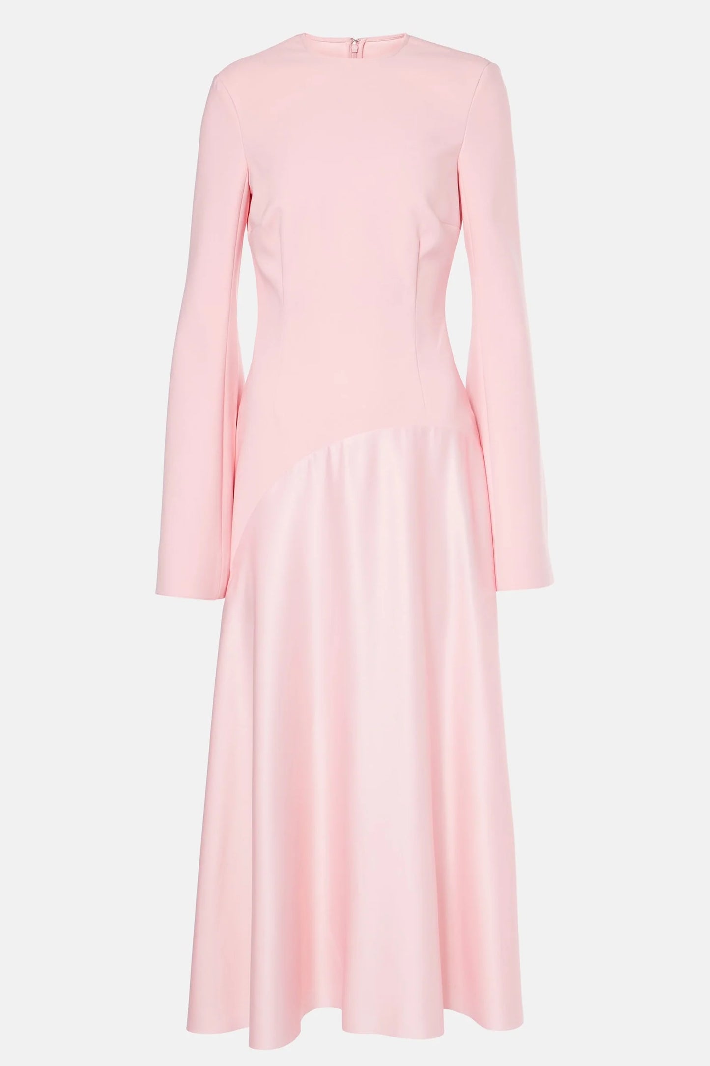 Product view of the pink satin-crepe dress showing smooth texture, tailored seams, and elegant neckline.