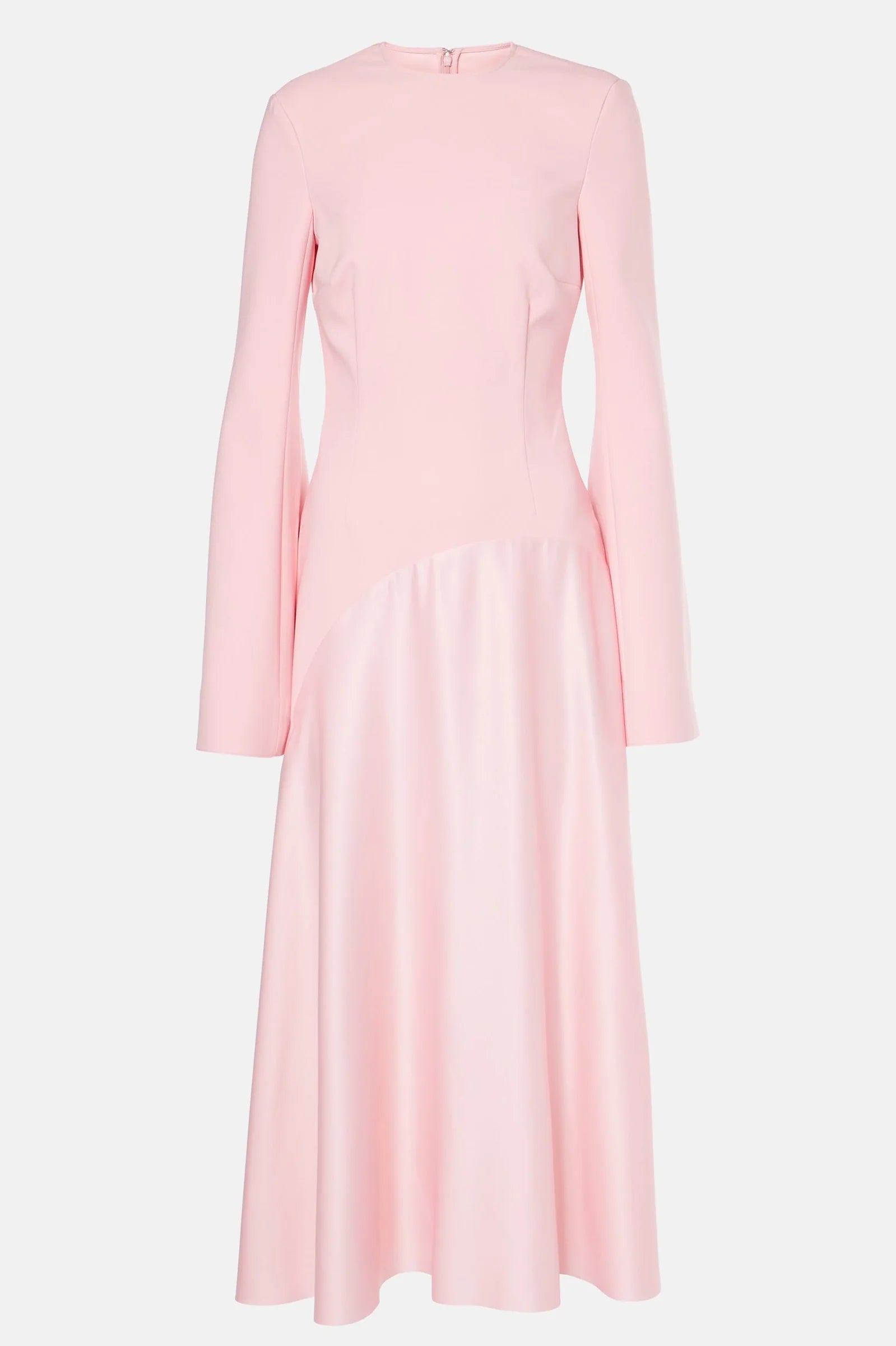 Product view of the pink satin-crepe dress showing smooth texture, tailored seams, and elegant neckline.