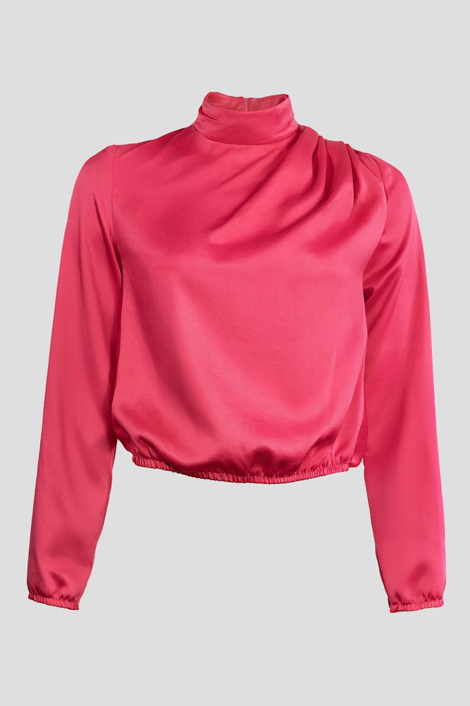 Long-sleeve silk-satin top with draped details