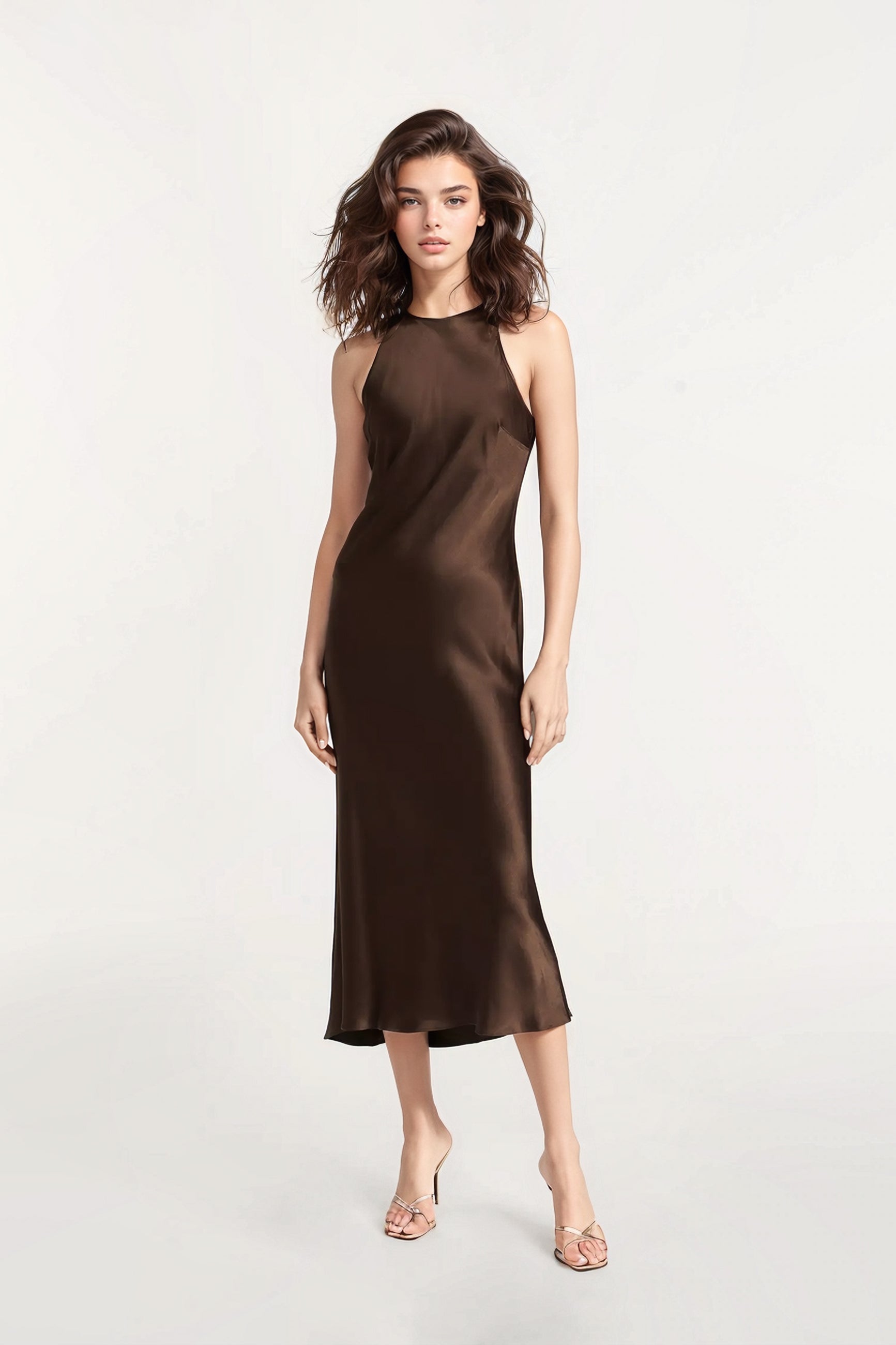 satin brown midi satin dress halterneck a line