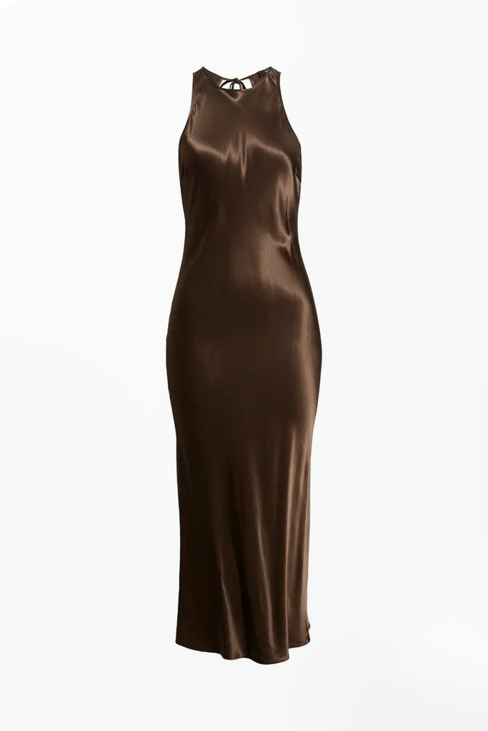 satin brown midi satin dress halterneck a line