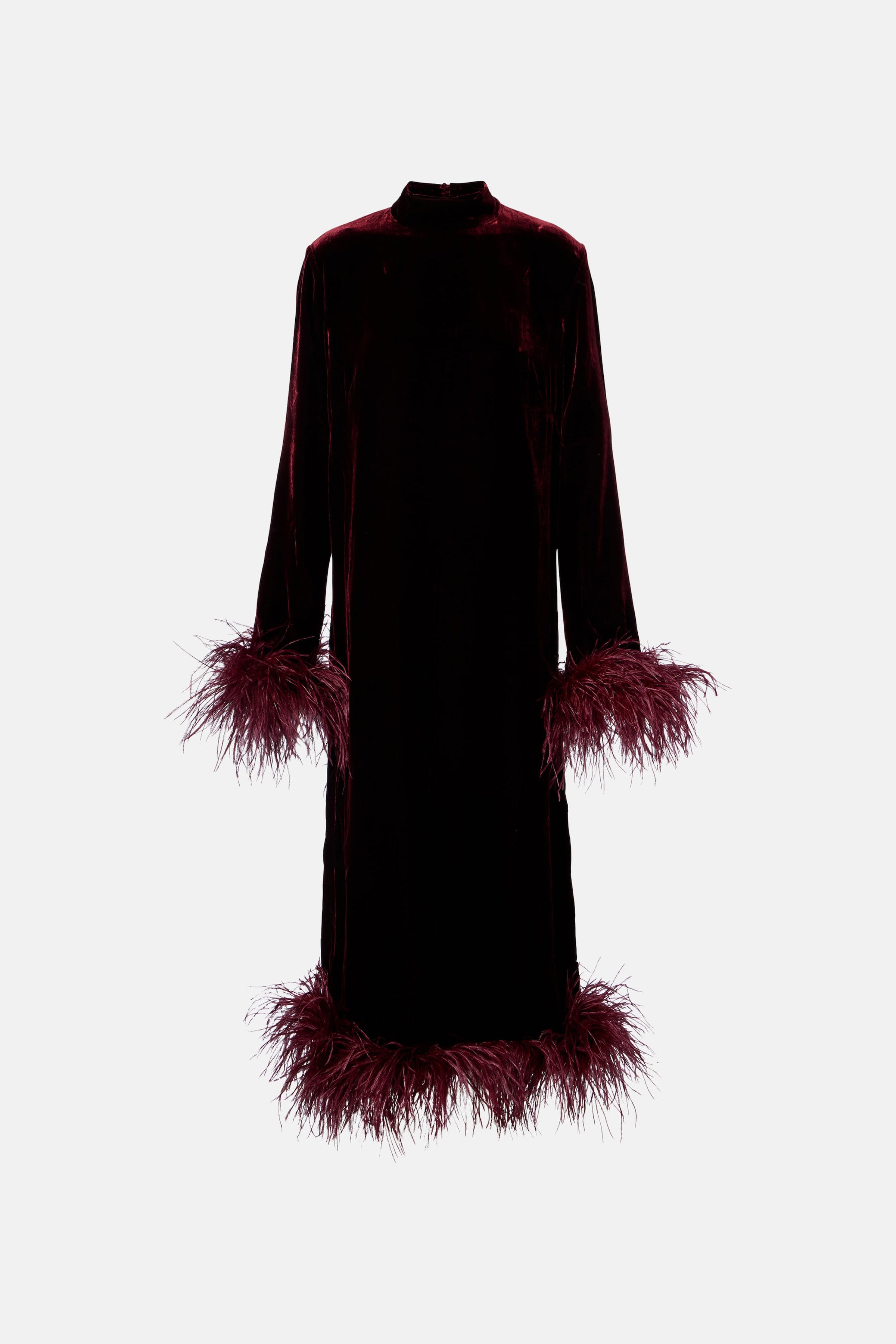 product image of  natural ostrich feathers and wine-colored recycled velvet texture