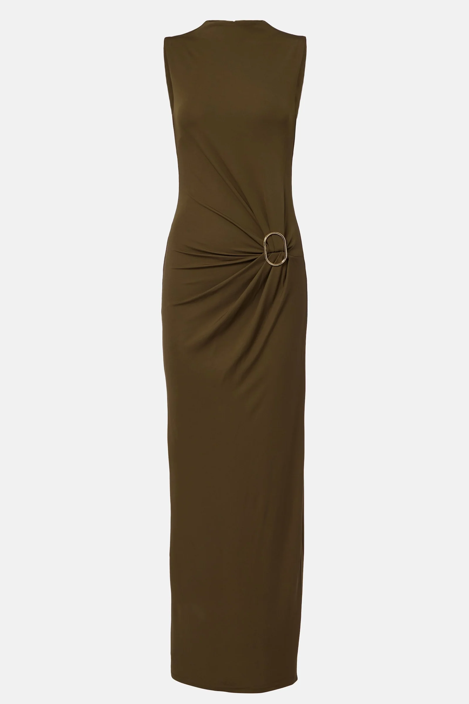 Model wearing sleeveless minimalist maxi dress in mocha brown, styled with gold earrings