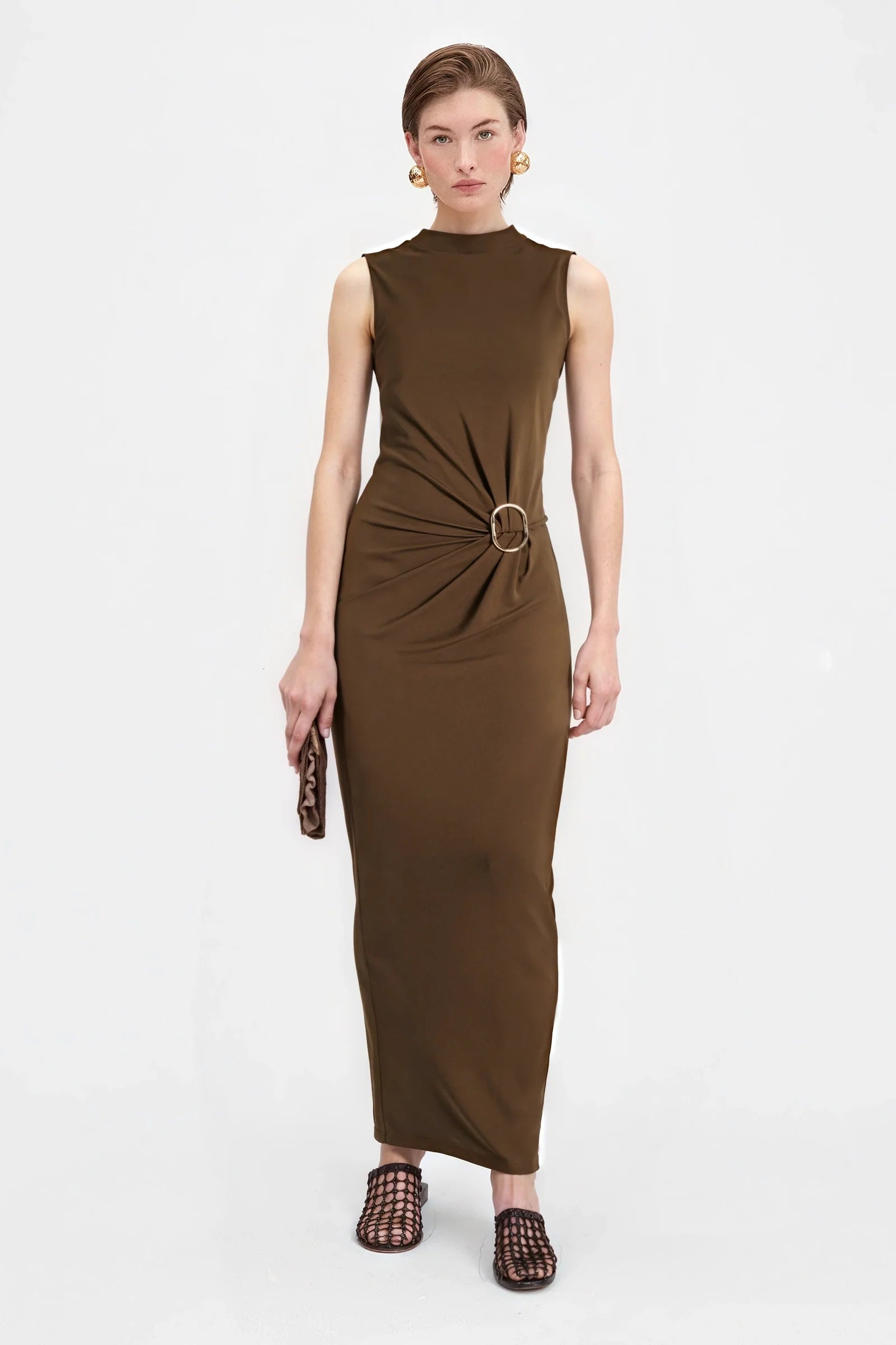 Front view of the Claudine Gathered Ring Dress in mocha with side ring detail