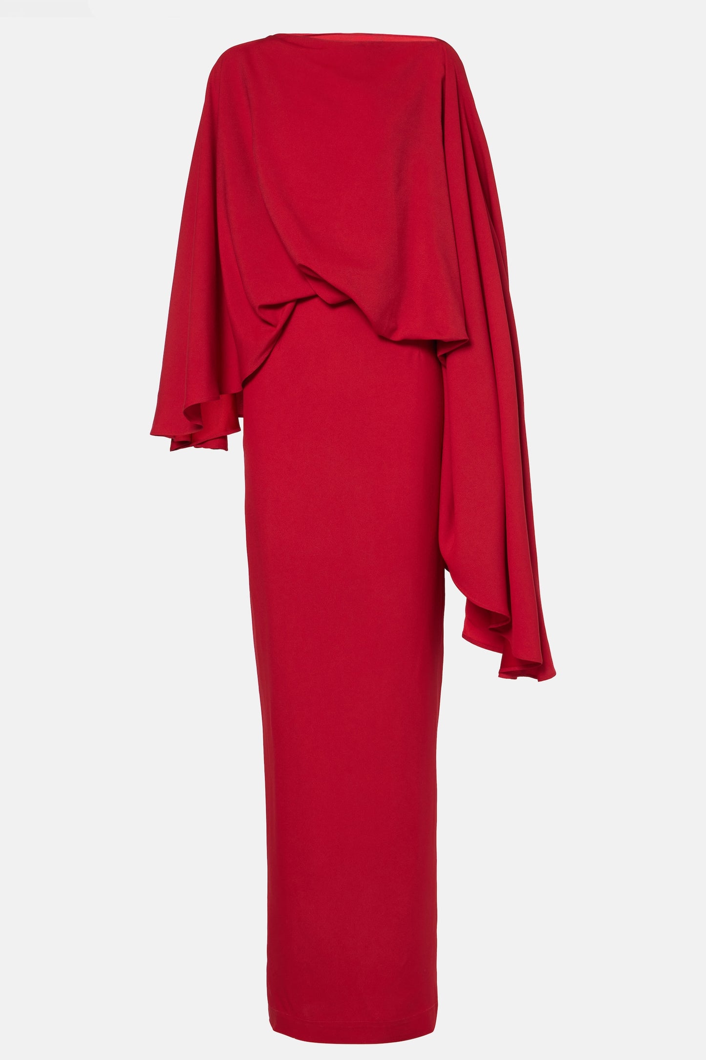 Elegante vestido escarlata con mangas tipo capa