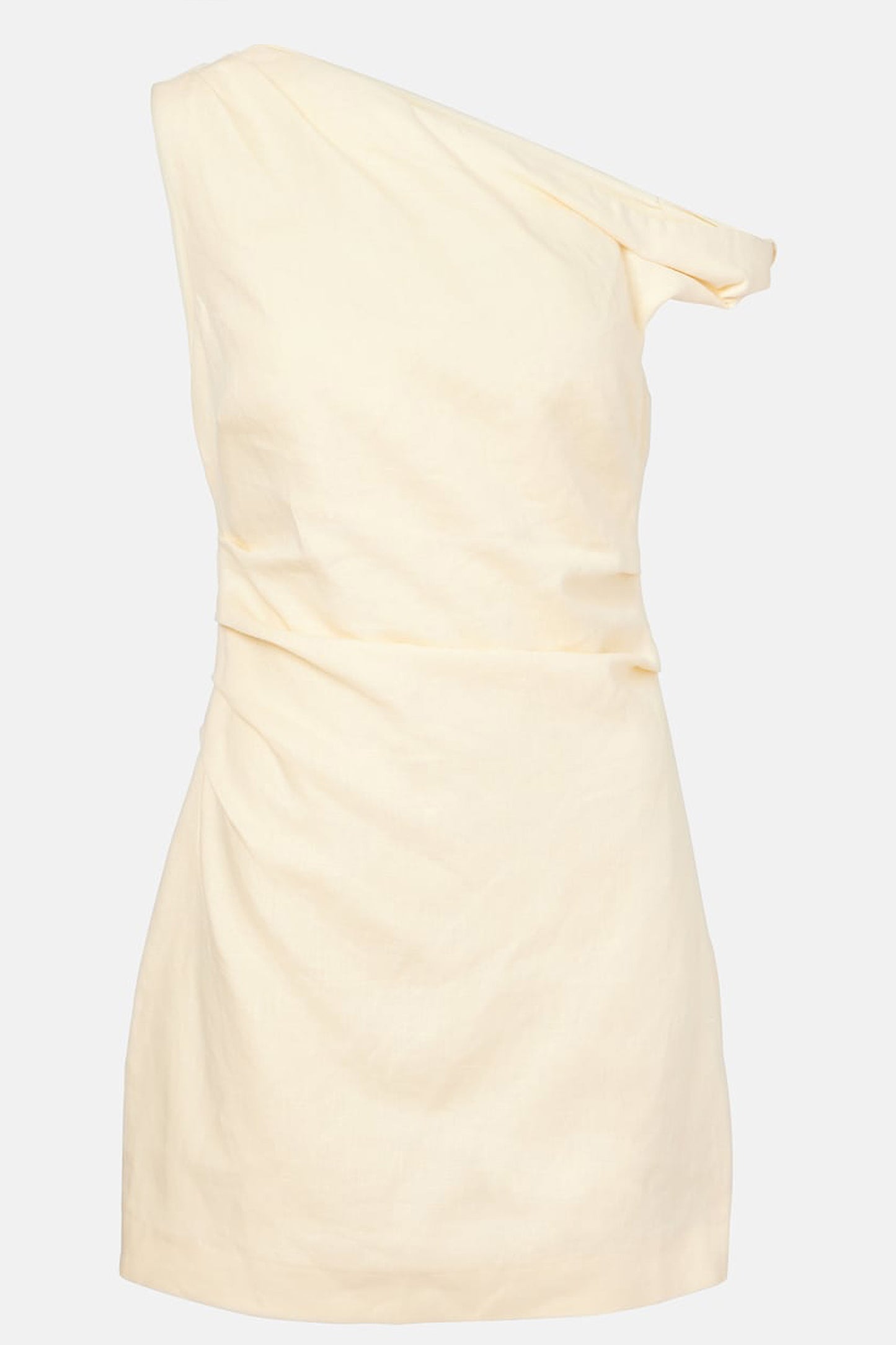 Product pic of the yellow linen mini dress, clearly showing the one-shoulder design, draped front, and mini length.