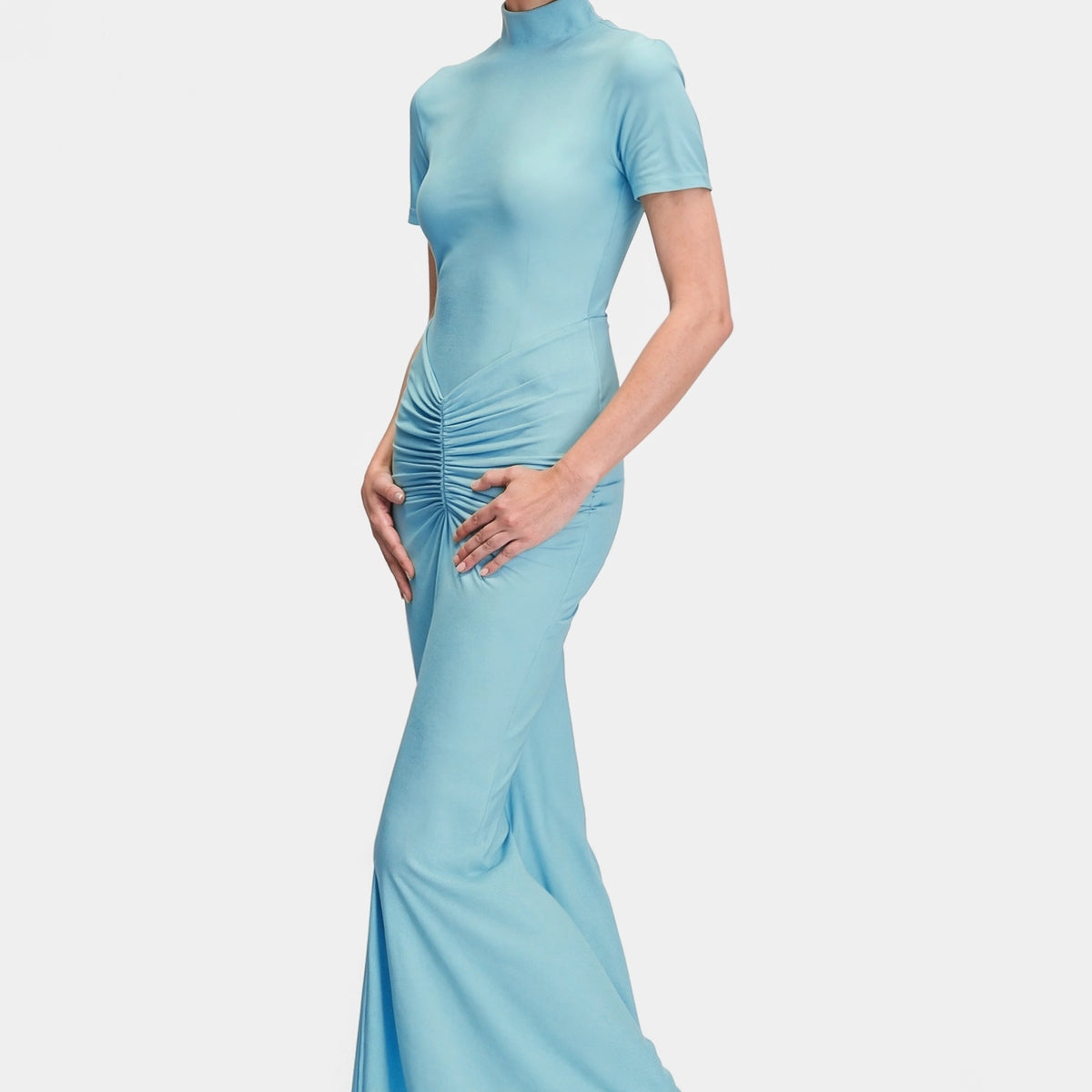Draped Jersey Maxi Dress Cyan — Made in Spain