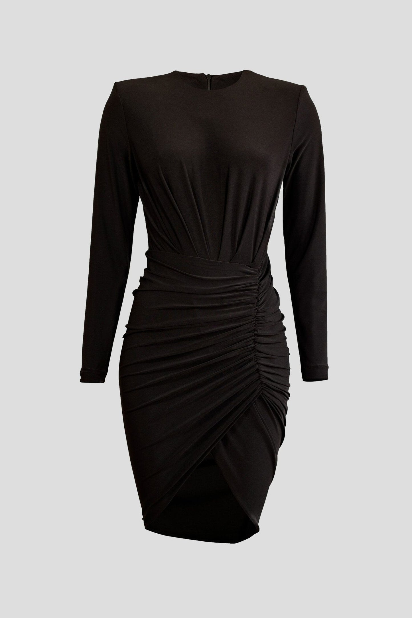 Stylish black crepe dresses with ruched skirt detail