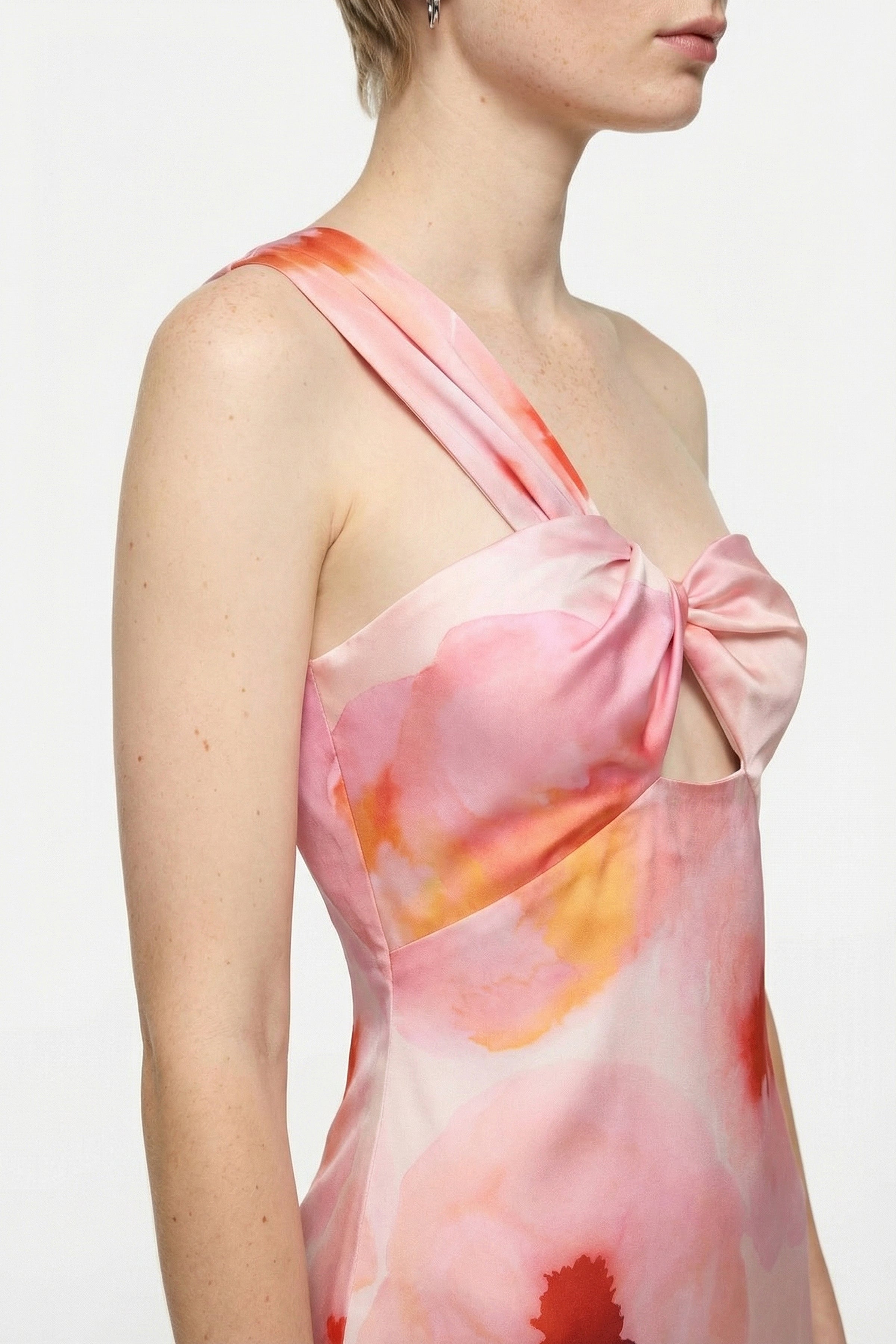 Watercolor one-shoulder dress, close-up of print detail