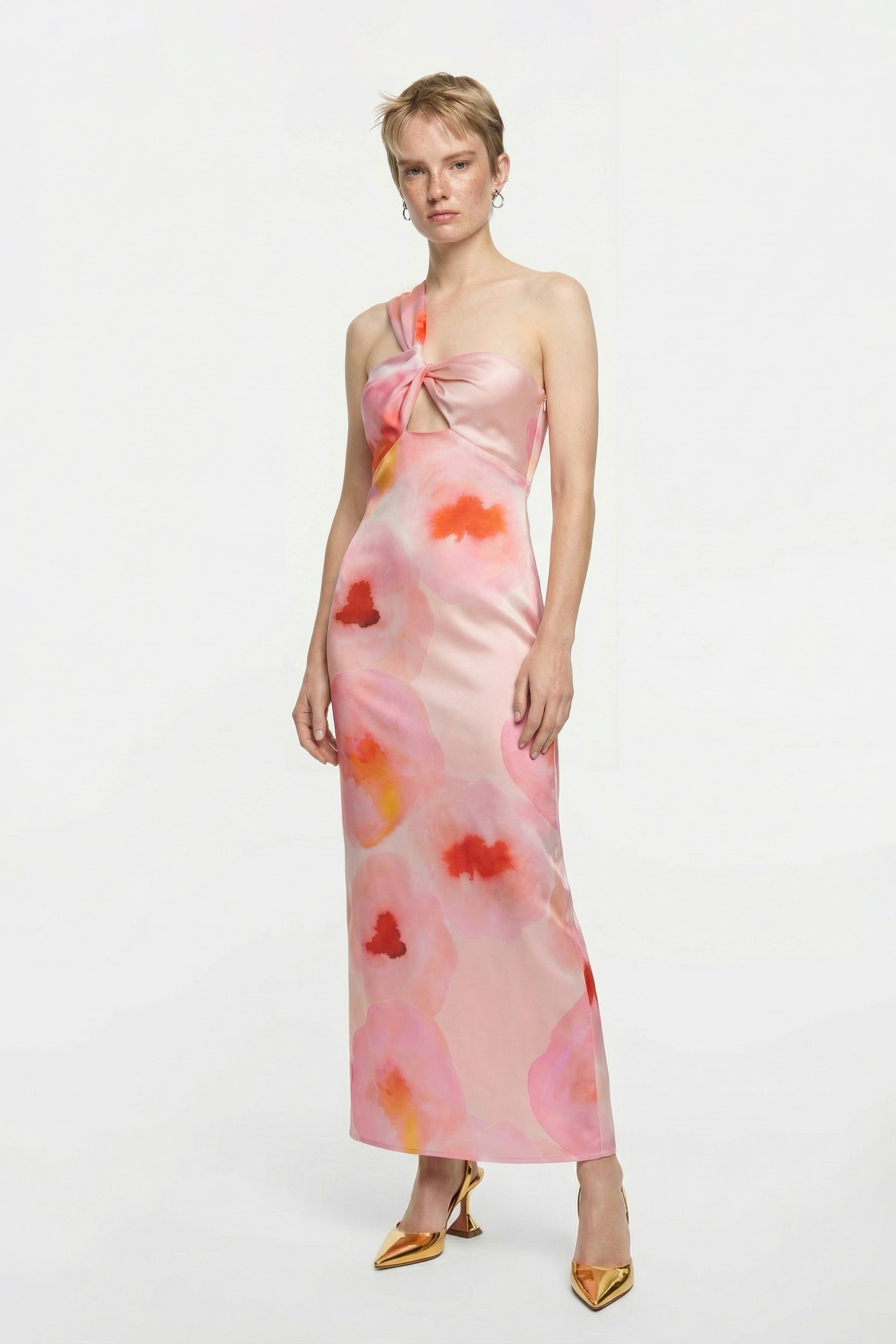 Watercolor one-shoulder dress, knot detail, side view