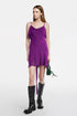 Purple short dress with draped neckline – front view