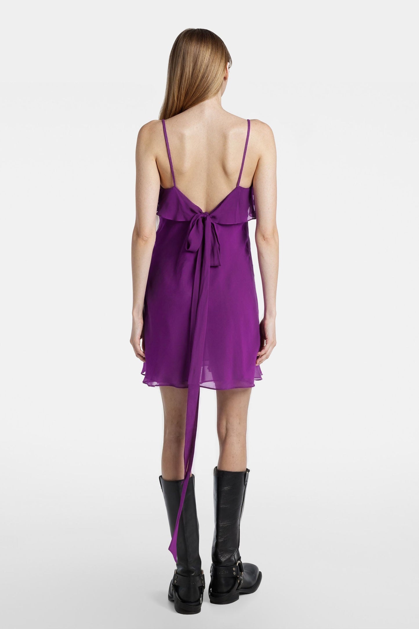 Purple short dress with open back and bow – back view