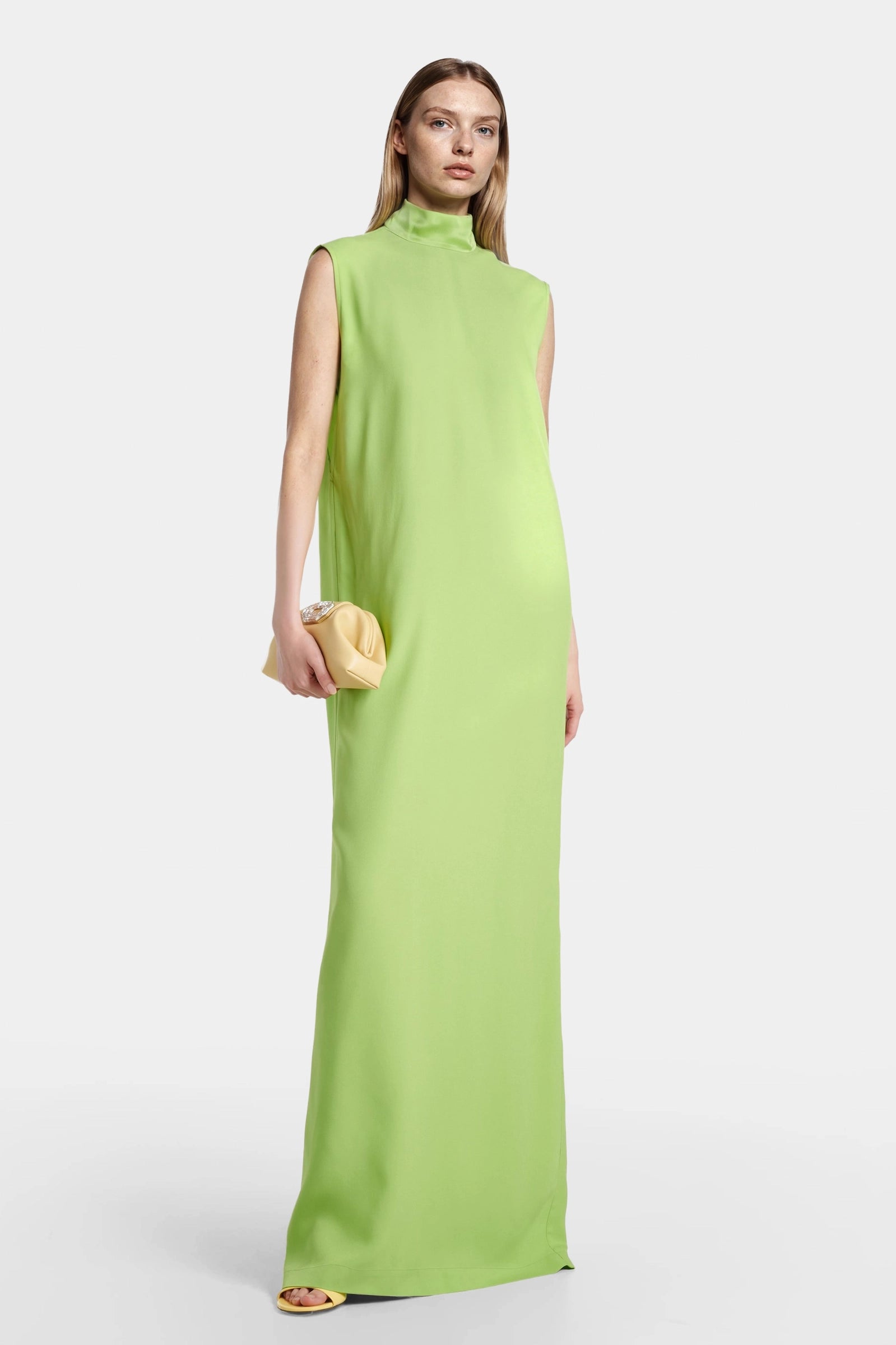 Green crepe long dress with shiny high neck by Felipe Albernaz