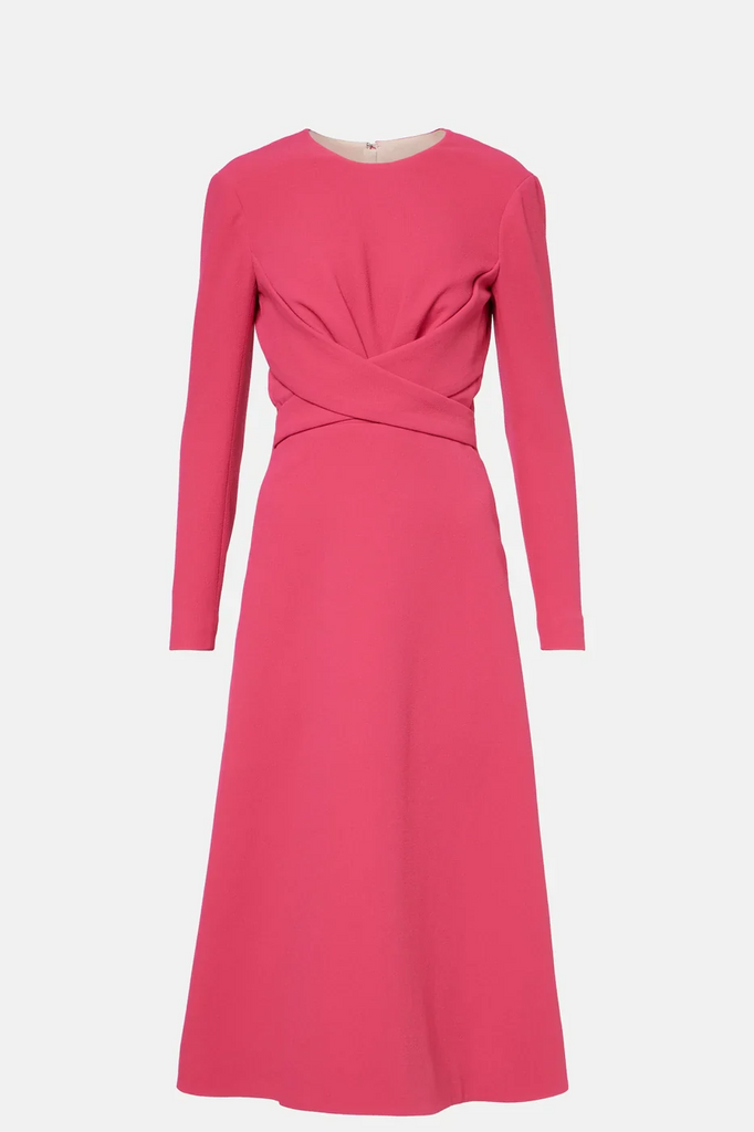 Crepe Long-Sleeve Fuchsia Midi Dress in vibrant fuchsia, highlighting intersecting straps at the waist.